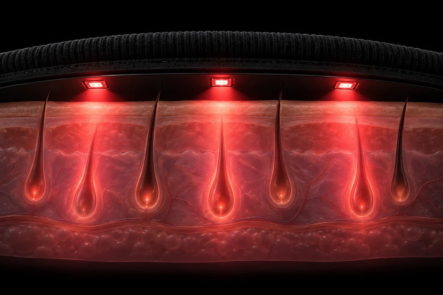 Cross-section illustration of red light from Theracap's LEDs reaching a hair follicle