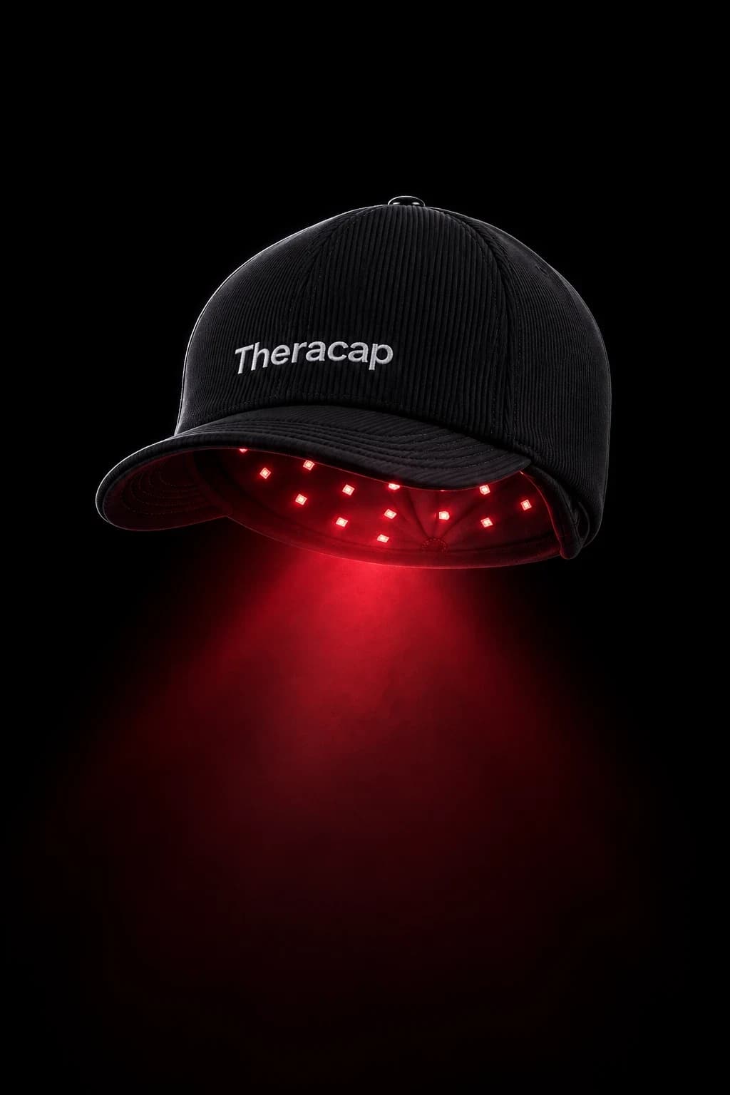 Theracap tilted forward, red light spilling from beneath the brim
